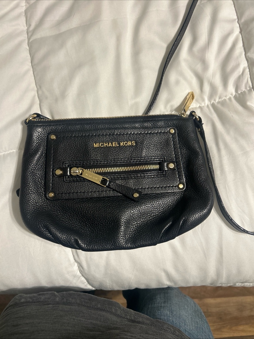 Michael Kors Black Leather Pebbled Crossbody with Gold Hardware